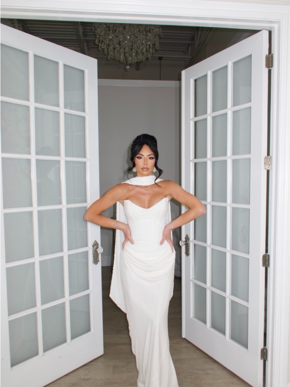 Strapless White Maxi Dress with Draped Front and Choker